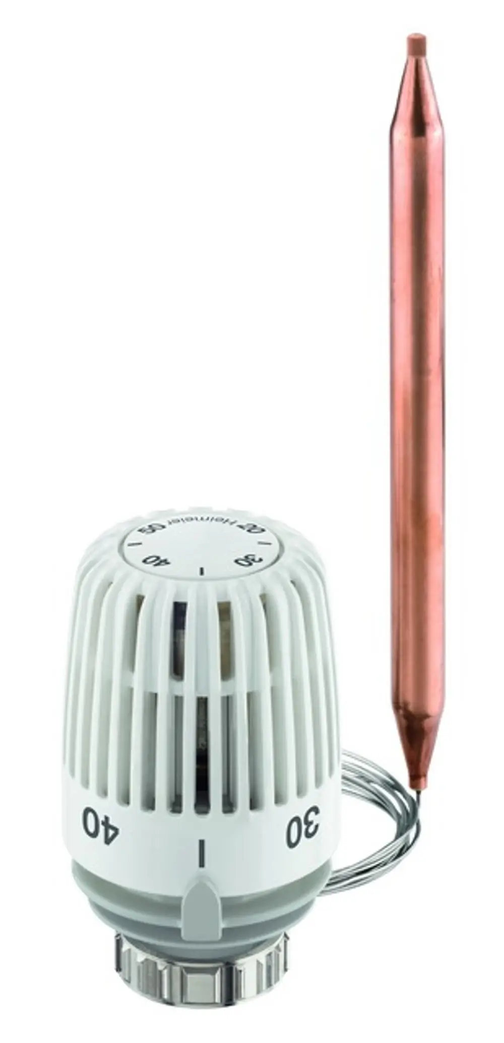 Thermostatkopf von IMI Hydronic Engineering in Weiß mit Temperatureinstellung von 20 bis 50 Grad C. Zudem ist ein Wärmeleitsockel in Kupfer zu sehen.